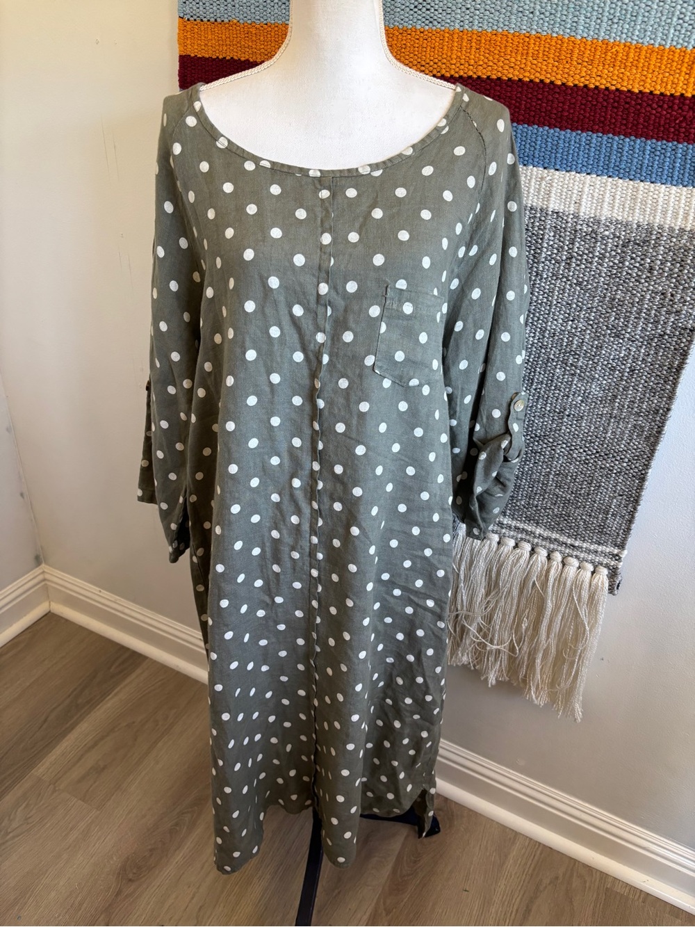 Olive Green Polka Dot Linen Maxi Dress with Roll-Tab Sleeves
